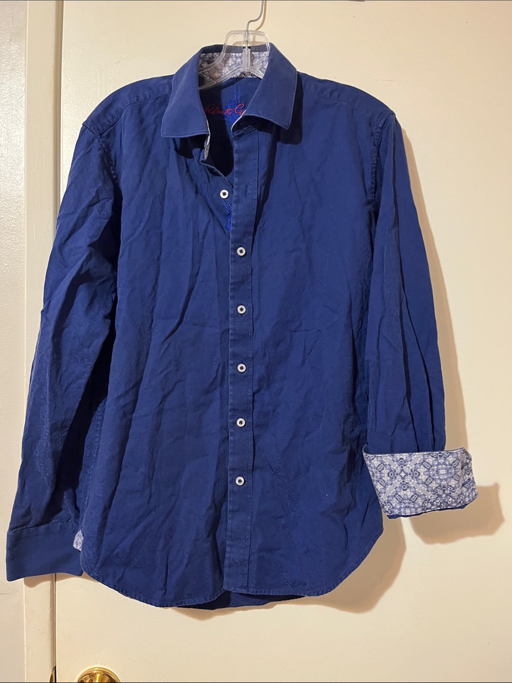 Robert Graham Navy Blue Long-Sleeve Button-Down Shirt with Patterned Cuffs